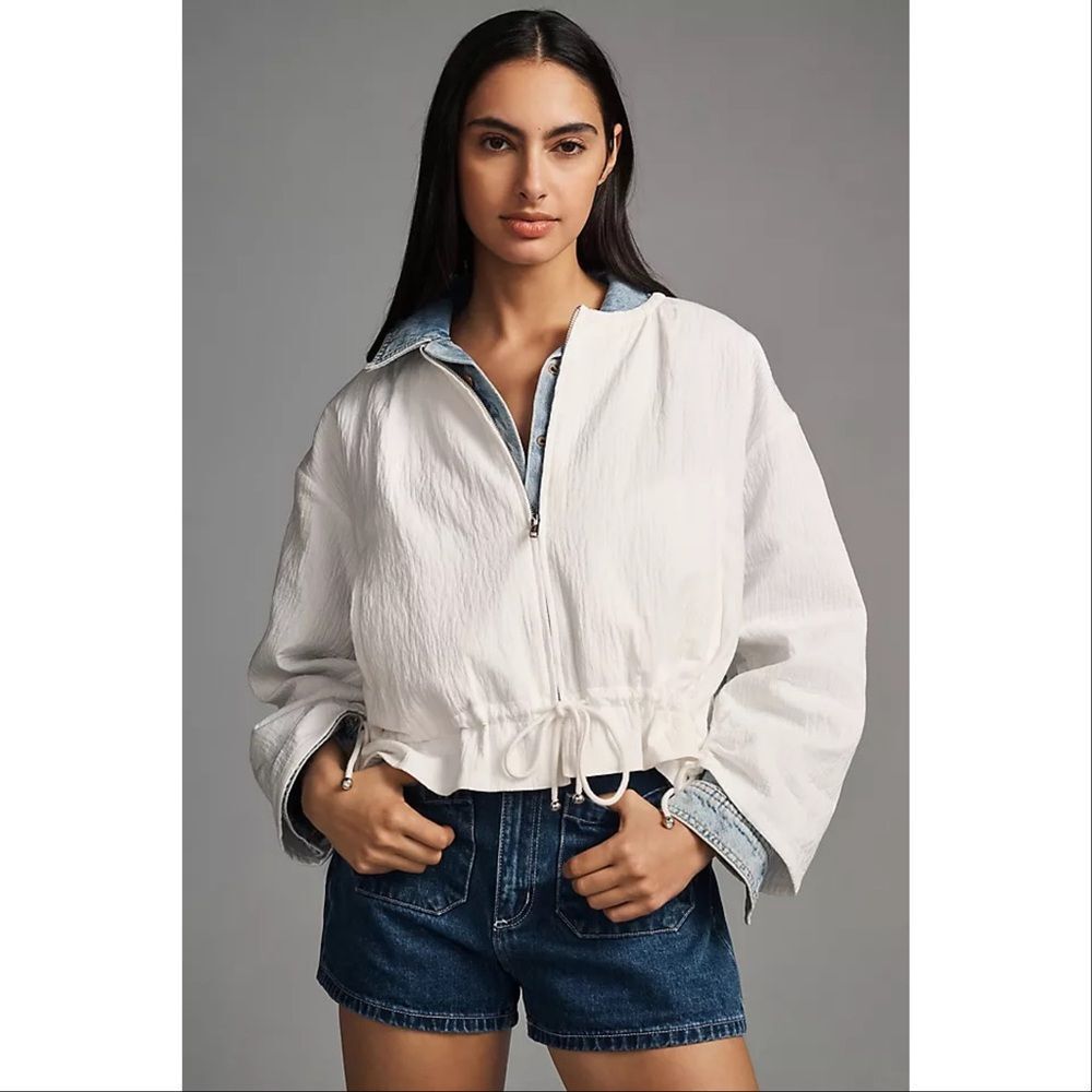 Maeve Anthropologie Beach Parachute Bomber Jacket XL White Scrunch Tie Zip Front